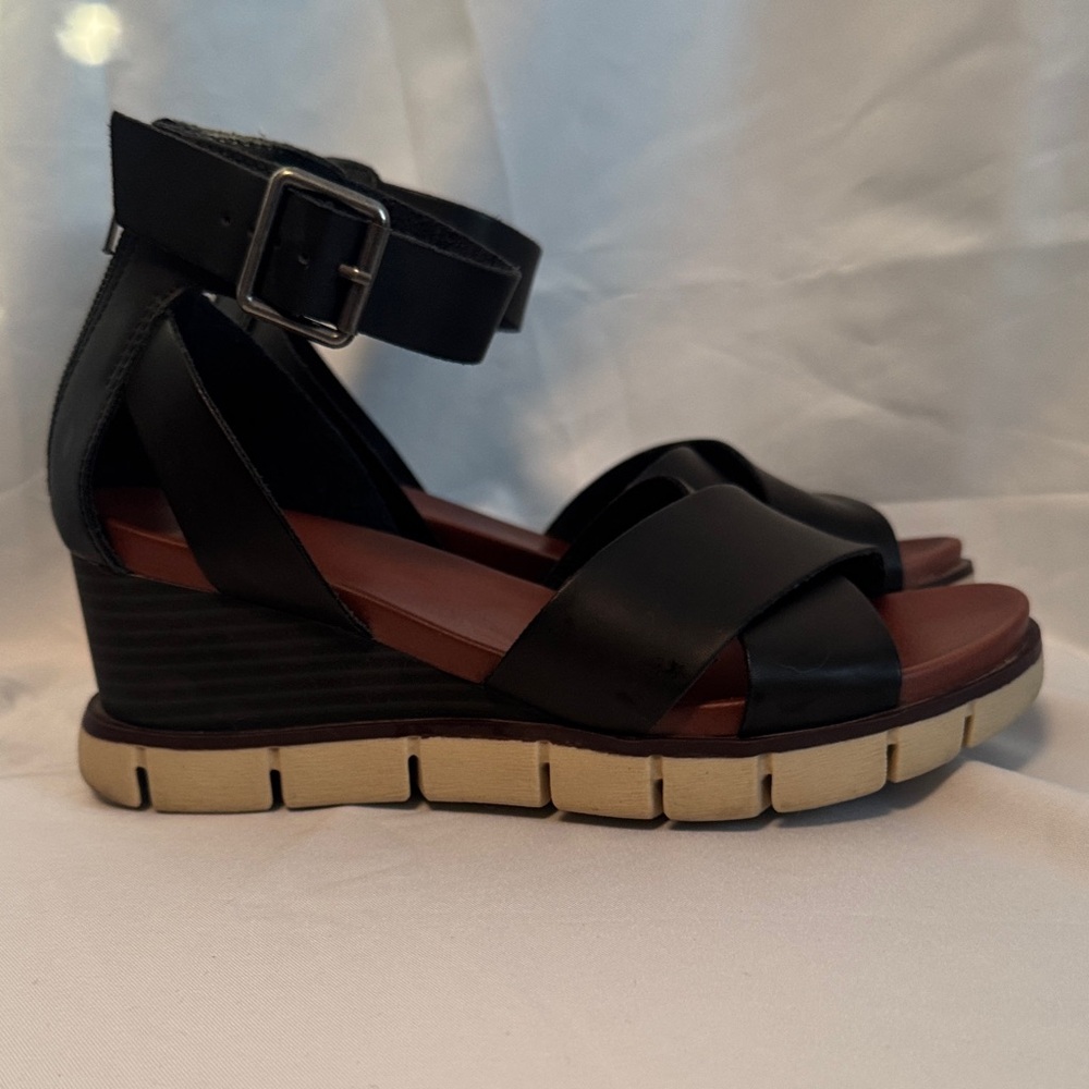 MIA Black and Tan Wedge Sandals